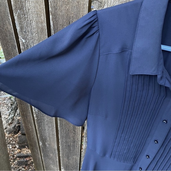 Nanette Lepore Navy Blue Pintuck Pleat Flutter Sleeve Button Down Dress Sz 12 - Picture 6 of 14